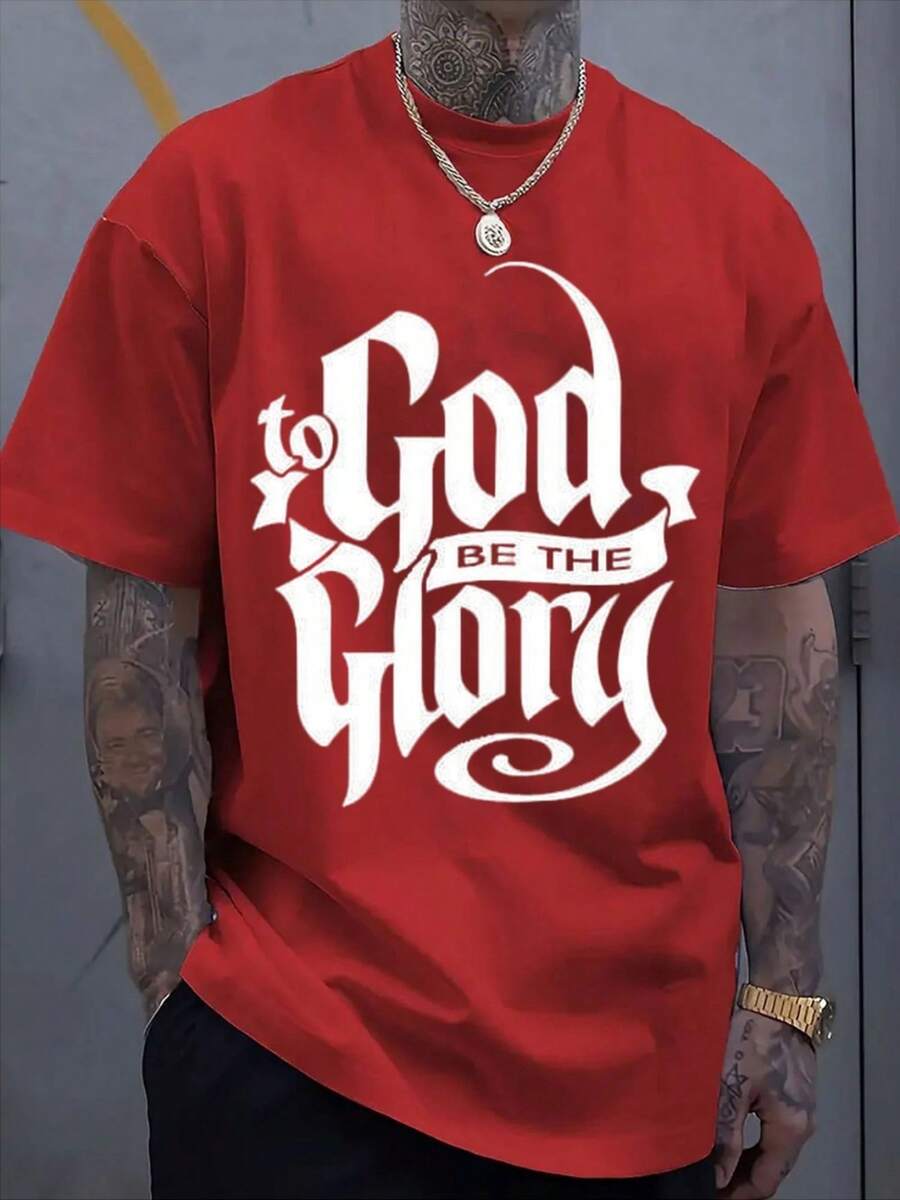 Men's Short-Sleeved T-Shirt, Casual Sporty Style, With Modern Prints, Stretchy And Comfortable, Suitable For Sports, Travel And Everyday Leisure Time - Regular Fit, Round Neck, Knit Fabric, Printed T-Shirt, Comfortable Fit, Plus Size. - 紅色 - 查看 1