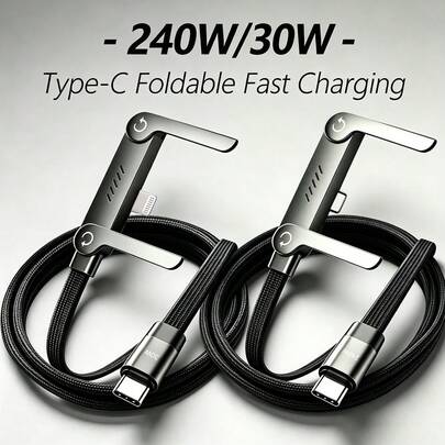 240W/30W 快充可折叠支架线，Type-C 转 Type-C/Lightning 二合一手机支架，弯曲设计可同时充电和使用手机，兼容 17 Pro Max/17 Pro/17/Air/16/15/14/13/12/11、S25/S24/S23/S22/S21/S20