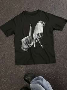 Camiseta% algodón con estampado de gestos retro rock estilo Y2K - Top casual holgado de manga corta para mujer, tela suave y no transparente, diseño retro en blanco y negro, adecuada para usar en fines de semana en todas las estaciones, moda urbana, material opaco apto para todas las estaciones, se puede usar como capa base en primavera y otoño o sola en verano, estilo unisex, top moderno de algodón pesado estilo cityboy. - Negro - Ver 12