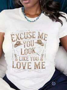 Women's T-Shirts, Raglan T-Shirt With Cowboy Hat And Spur Print "Excuse Me You Look Like You Love Me" For Casual Wear, Valentine's Day Sets For Women, Women's T-Shirt. Lucky Letter T-Shirt For St. Patrick's Day, Funny Plus Size Graphic Tee, Casual Blouses For Women - 白色 - 查看 5