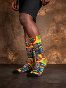 1/3 Pairs African Mid-Calf Socks, African Traditional Mask Design, Men Novelty Socks, Summer Outfit - Multicolor - View 3