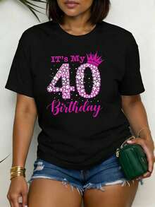 Women's Fun Printed Crew Neck Short-Sleeved T-Shirt With "IT's My 40 Birthday" Design, 100% Cotton. Perfect For 40th Birthday Parties And Holiday Celebrations. Stylish And Versatile, A Top Choice For Any Occasion. - Black - View 1