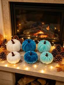 6pcs Artificial Velvet Pumpkin Decor Set, Faux Velvet Foam Pumpkin Decorations, Halloween Decor Realistic Pumpkin Ornaments Set, Soft Velvet Texture Autumn Farmhouse Harvest Mini Pumpkins, No Electricity Required Autumn Hanging Display Accessories, Fireplace Mantel Decor, Harvest Party, Birthday Gift, Autumn Decor, Halloween Decor - Blue Series - View 5