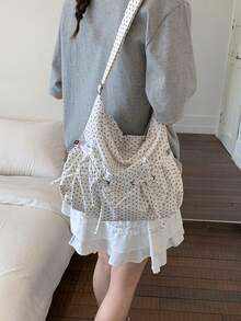 Black Polka Dot Drawstring Bow Decor Ruffle Cloud Shoulder Bag, Large Capacity Crossbody Bag For Women - White - View 6
