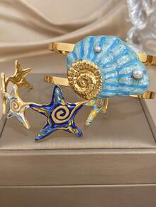 Bohe 琺瑯海星貝殼海洋金屬手鐲套組，不鏽鋼女款飾品，美人魚風，適合夏季、媽媽禮物、日常、派對、生日、情人節 - 多色2 - 查看 5