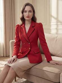 AYYFranclia Blazer de negocios casual de otoño elegante con ajuste de cintura, de doble botonadura, hebilla de metal y borde negro en contraste, en color caqui, para uso en primavera y otoñoAYY - Rojo - Ver 1