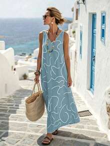 Vestido largo holgado con textura de lino y líneas abstractas para mujer - Azul marino - Ver 11