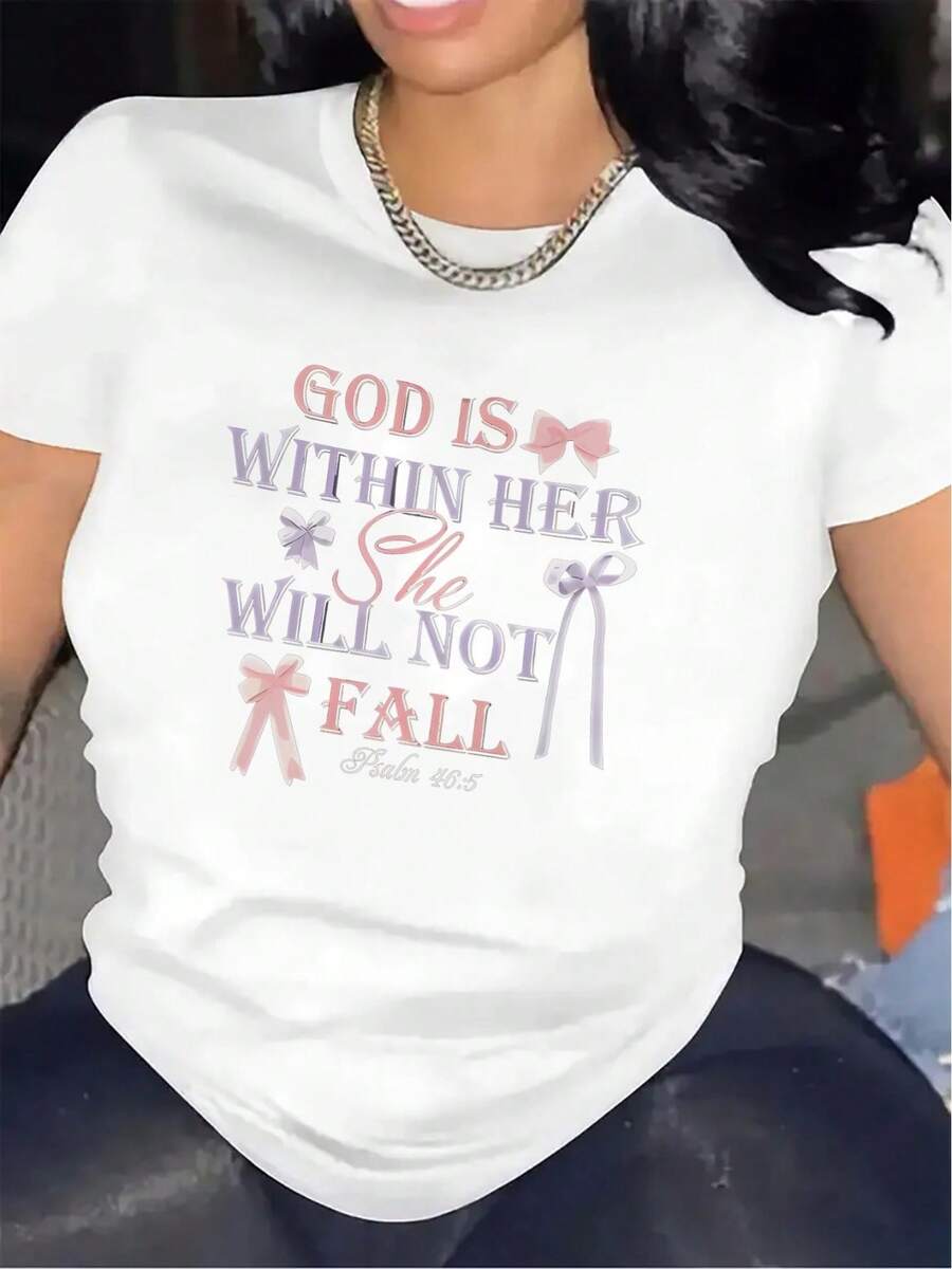 Women's Short-Sleeved T-Shirt, 100% Polyester Fiber, Lightweight And Durable, Adorned With The Inspirational Bible Verse "God Is Her Guarantee, She Will Not Be Put To Shame", Combined With A Stylish Bow Design, Suitable For Everyday Wear, At Church Or At Home. - 白色 - 查看 1