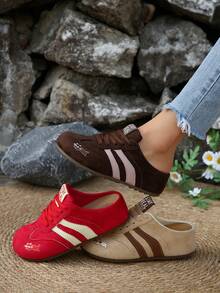 Giày thể thao đế bệt kẻ sọc thêu hình mèo dễ thương, giày lười nữ kiểu retro chất liệu da lộn, giày buộc dây điều chỉnh được, giày đi bộ thường ngày phong cách đường phố. - Màu Khaki - Xem 1