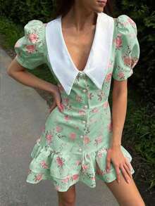 Spring/Summer Casual Style Dress With Collar, Front Buttons, Tie Back And Tie-Dye Print, For Everyday Wear, Western Style, Bohemian, Music Festivals, Vacation, Fairycore Style, Elegant For Women - 湖藍色 - 查看 4