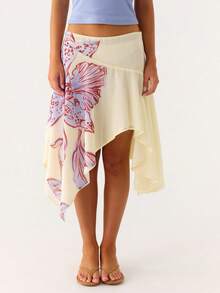 Asymmetrical Chiffon Midi Skirts, Floral/Animal Print Flowy Handkerchief Hem Skirts, Casual Summer Beach Cover Up - màu nâu cà phê - Xem 9