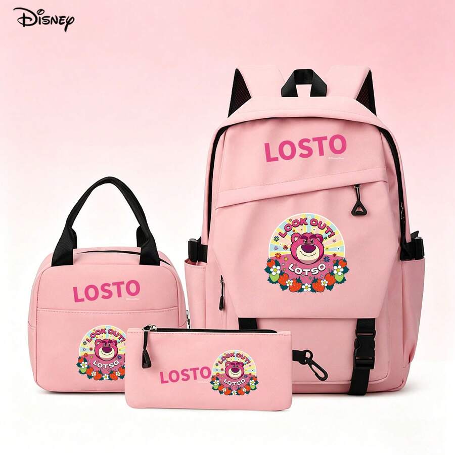 Bộ 3 món ba lô màu hồng hình gấu Lotso trong phim Toy Story của Disney, gồm túi đựng laptop, túi giữ nhiệt và hộp bút, thích hợp cho văn phòng, học tập và du lịch. - màu 1 - Xem 1