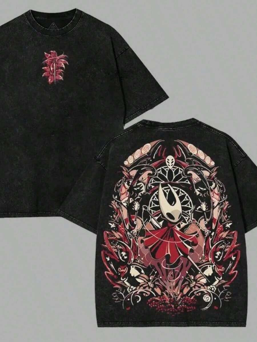 Men's Vintage-Style, Thick, Pure Cotton T-Shirt With A Y2K Anime Character Print. Excellent Gift. Loose-Fitting, Casual, And Fashionable T-Shirt. Versatile Brushed And Washed Cotton T-Shirt. Suitable For Everyday Wear In All Seasons. - 黑色 - 查看 1