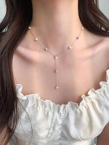 1件女士优雅闪亮不锈钢Y形水钻流苏项链，优雅星空仿珍珠颈链，简约银链，男女皆宜，适合日常佩戴、约会、派对和婚礼，是生日、情人节、周年纪念日和母亲节的完美优雅礼物。 - A - 查看 3