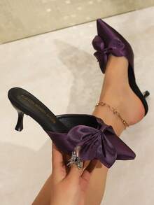 Spring/Summer New Bowknot Closed Toe Sandals, Slim Heel Ladies Slip-On Mules, Versatile High Heel Shoes - Purple - View 6