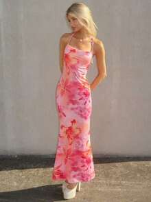 Sydney Algeri Vestido largo de punto con estampado floral, escote profundo y espalda descubierta para vacaciones - Blanco - Ver 3