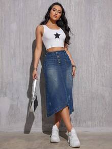 Women's Fashionable Asymmetrical Denim Skirt, Knee-Length Casual Spring - Medium Wash - View 5