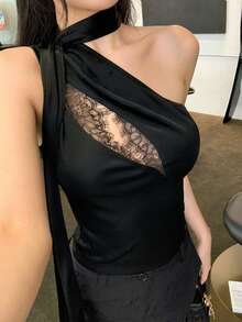T-Shirt With One Shoulder Cutout, Graphic Print, Relaxed Fit, Soft Cotton Blend Material. - Black - View 8