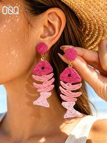 OOQ 1 Pair Summer Vacation Style Animal Fish Shaped Raffia Earrings, Creative Design, Fashion Versatile Charming Colorful Personalized, Suitable For Beach, Party, Date, Daily Wear - Pink - View 4