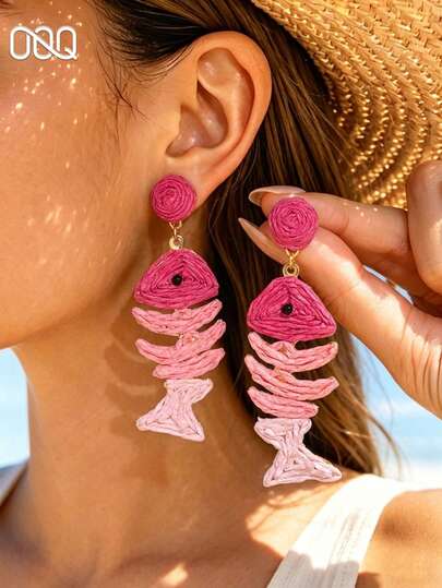 OOQ 1 Pair Summer Vacation Style Animal Fish Shaped Raffia Earrings, Creative Design, Fashion Versatile Charming Colorful Personalized, Suitable For Beach, Party, Date, Daily Wear