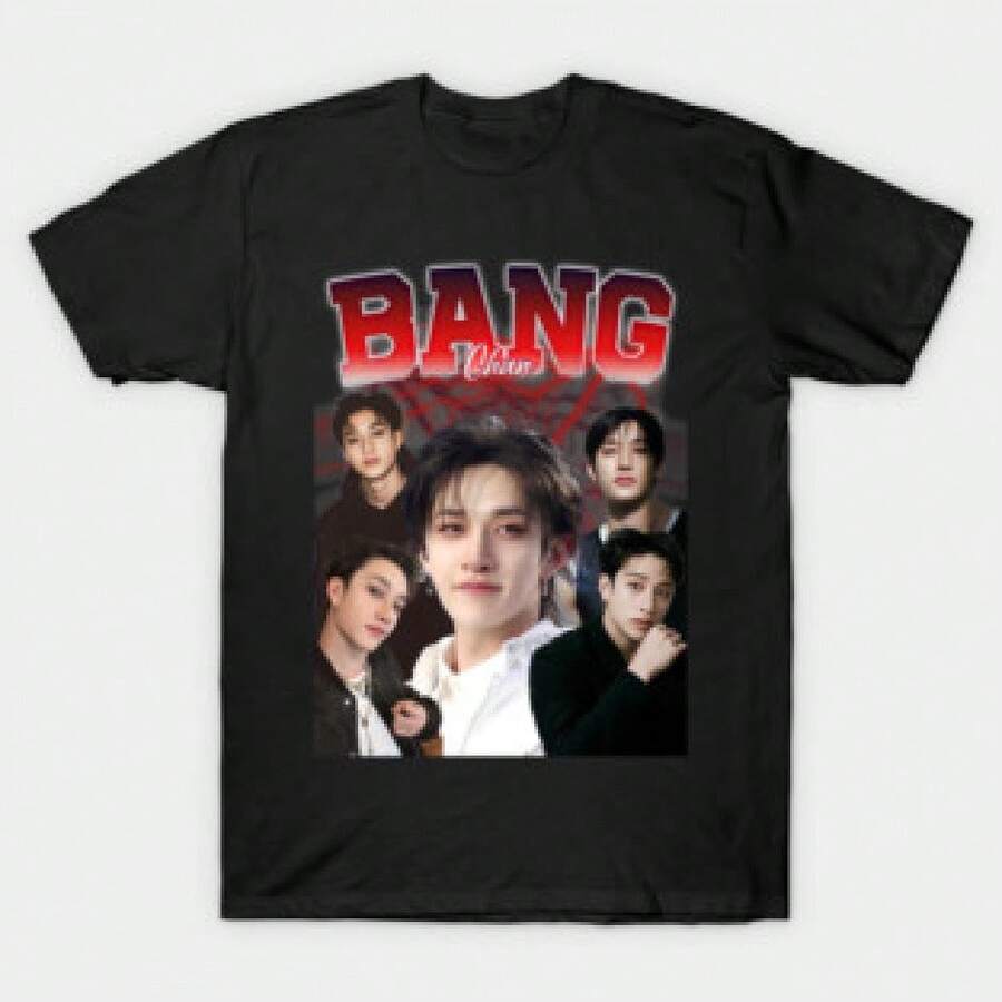 Camiseta estilo retro de los 90 de  Bang Chan, top con estampado de múltiples imágenes estilo ola coreana, camiseta casual negra de manga corta para fans, camiseta de verano para hombre, unisex. - Negro - Ver 1