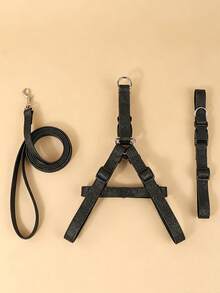 Polyester Black Matte Shiny Collar, Harness, And Leash 3 Pieces Set, Suitable For Small Poodle And Bichon Frise Year-Round Outdoor Play (Not Suitable For Large Dog Breeds) - Black - View 2