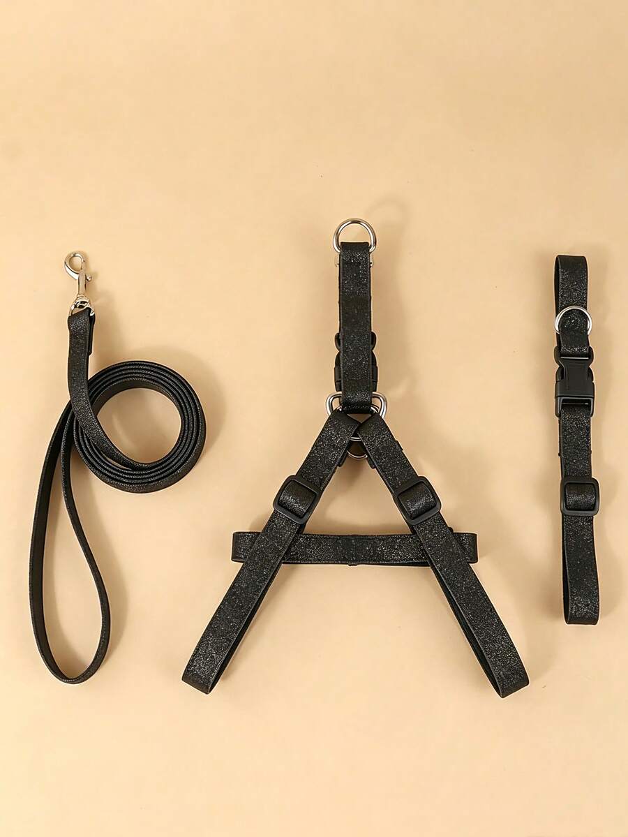 Polyester Black Matte Shiny Collar, Harness, And Leash 3 Pieces Set, Suitable For Small Poodle And Bichon Frise Year-Round Outdoor Play (Not Suitable For Large Dog Breeds)