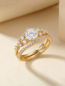 Gift Box Style Elegant Cubic Zirconia Gold Ring Set, Shiny Wedding Party Jewelry For Women, Fade-Resistant And Hypoallergenic, Ideal Holiday Gift - Gold - View 16