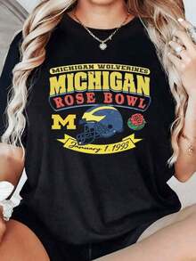 Men's 100% Cotton Casual T-Shirt, Vintage Graphic Print Of The Michigan Wolverines Rose Bowl 1993, Retro Style, Short Sleeve, Limited Edition, Digital Print, Must-Have - 黑色 - 查看 1