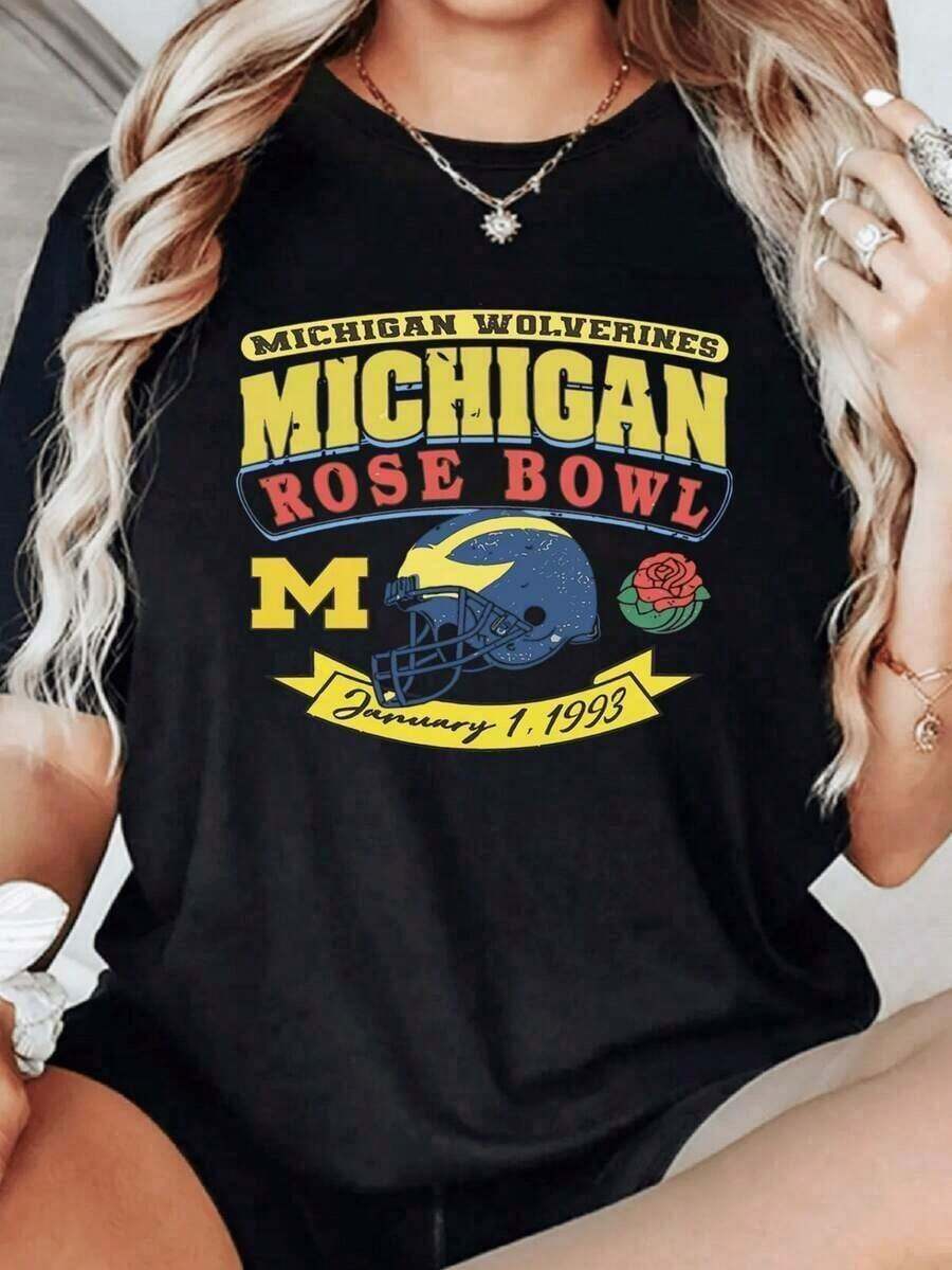 Men's 100% Cotton Casual T-Shirt, Vintage Graphic Print Of The Michigan Wolverines Rose Bowl 1993, Retro Style, Short Sleeve, Limited Edition, Digital Print, Must-Have - 黑色 - 查看 1