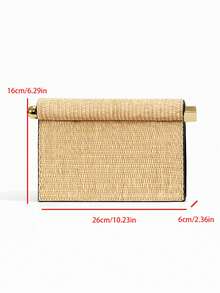 Túi cầm tay nữ thời trang viền cuộn bằng rơm, túi dạ tiệc đan phong cách nghỉ hè, túi kẹp nách nắp gập khóa kim loại tối giản - Màu Khaki - Xem 5