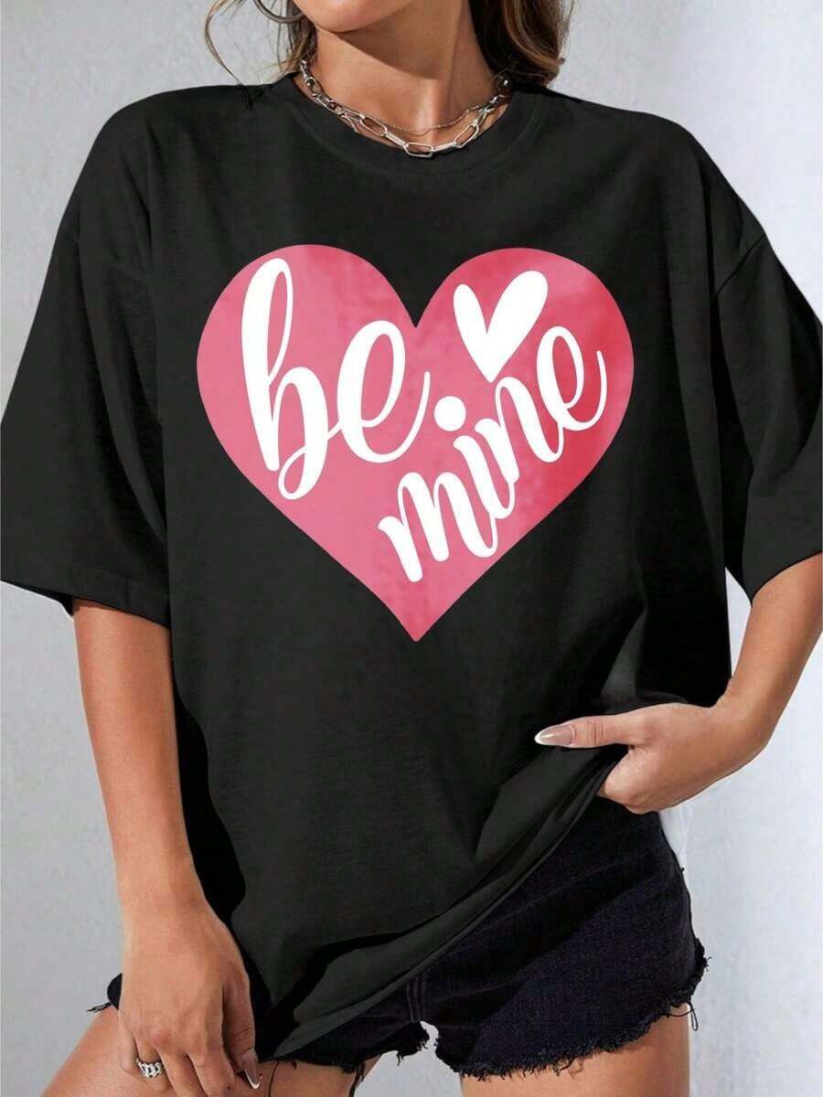 Women's Black And White T-Shirt, Oversized White T-Shirt With "Be Mine" Heart Print, Casual Top For Valentine's Day, Outdoor Parties, Casual Printed T-Shirt - 黑色 - 查看 1
