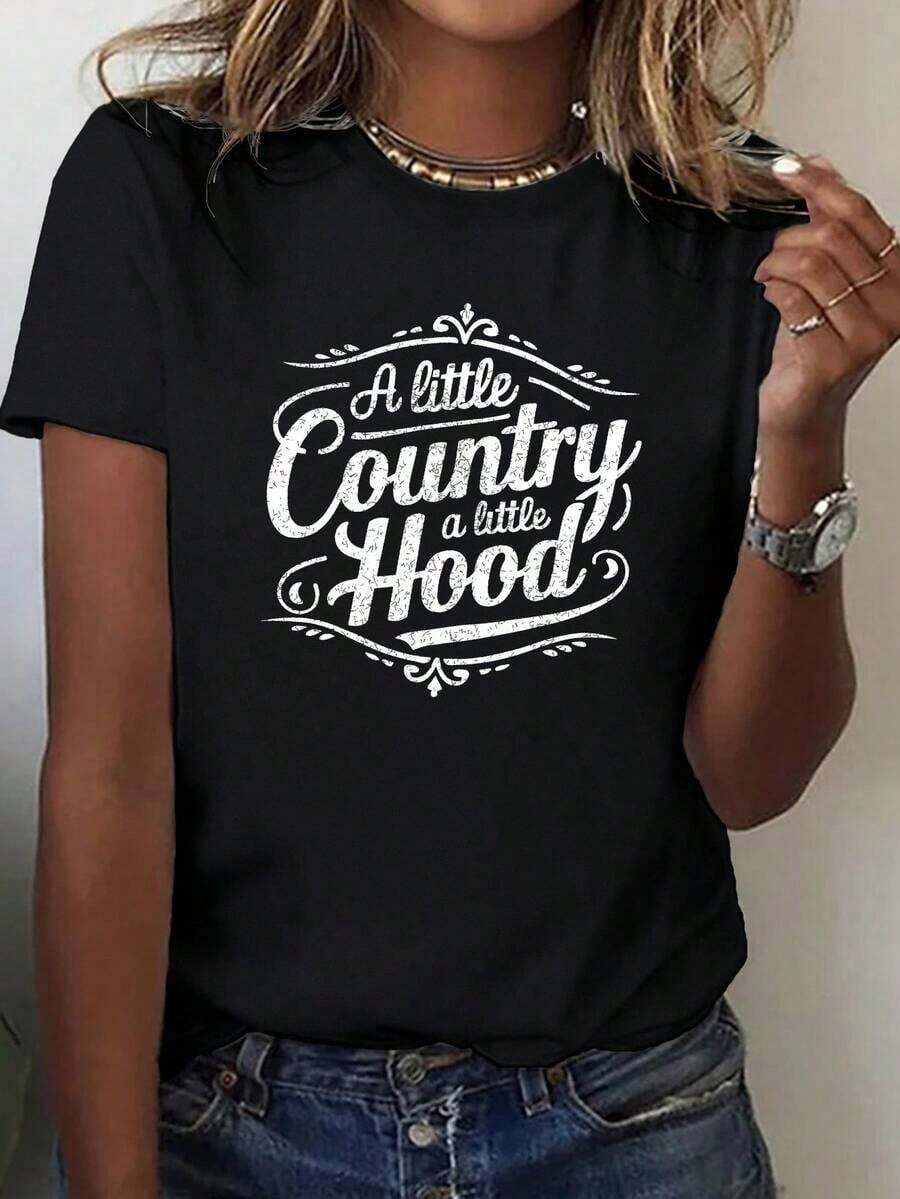 Pure Cotton Country Hood T-Shirt For Women, Unisex T-Shirt For Men And Women, Soft Cotton Loose Fit T-Shirt, Comfortable Unisex Clothing, Perfect Gift For All Seasons - 黑色 - 查看 1