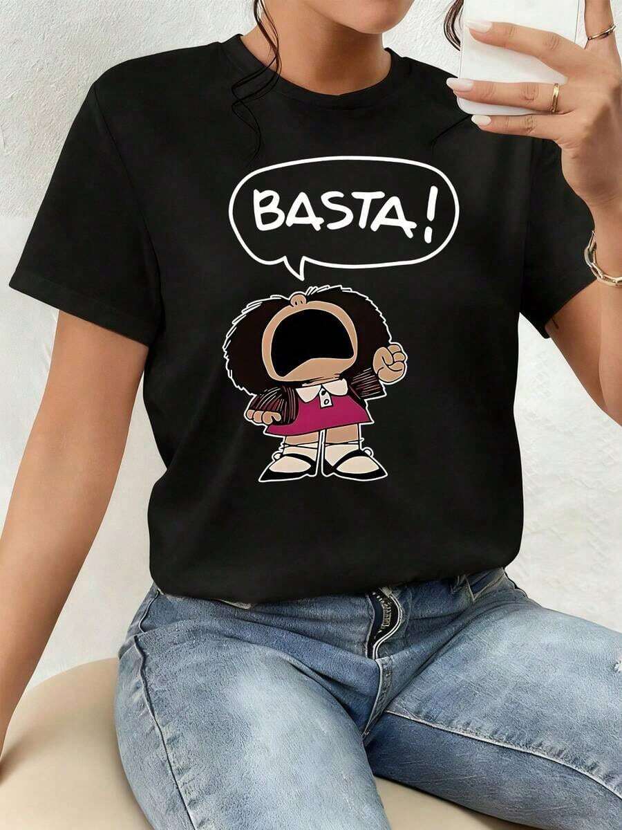 Art T-Shirt, Girl Figure Expressing Protest With The Word ENOUGH Symbolizing Strength And Personal Determination, Women's T-Shirt With Double Print Inspired By Positive Attitude And Confidence - 黑色 - 查看 1