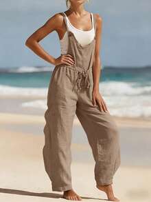 Jumpsuit Musim Panas Wanita, Romper Wanita Musim Semi/Panas, Cocok untuk Liburan/Santai/Rumah/Pakaian Sehari-hari, Celana Panjang Wanita dengan Kancing dan Tali Serut di Pinggang, Pakaian Liburan Wanita - Mocha Brown - View 5