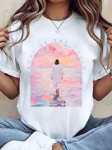 Women's T-Shirt With Jesus Walking On Water Print, Hope Of The World, Round Neck, Casual Loose Fit For Everyday Wear, Gift Idea, 220g, Oversized Blouse - 白色 - 查看 1