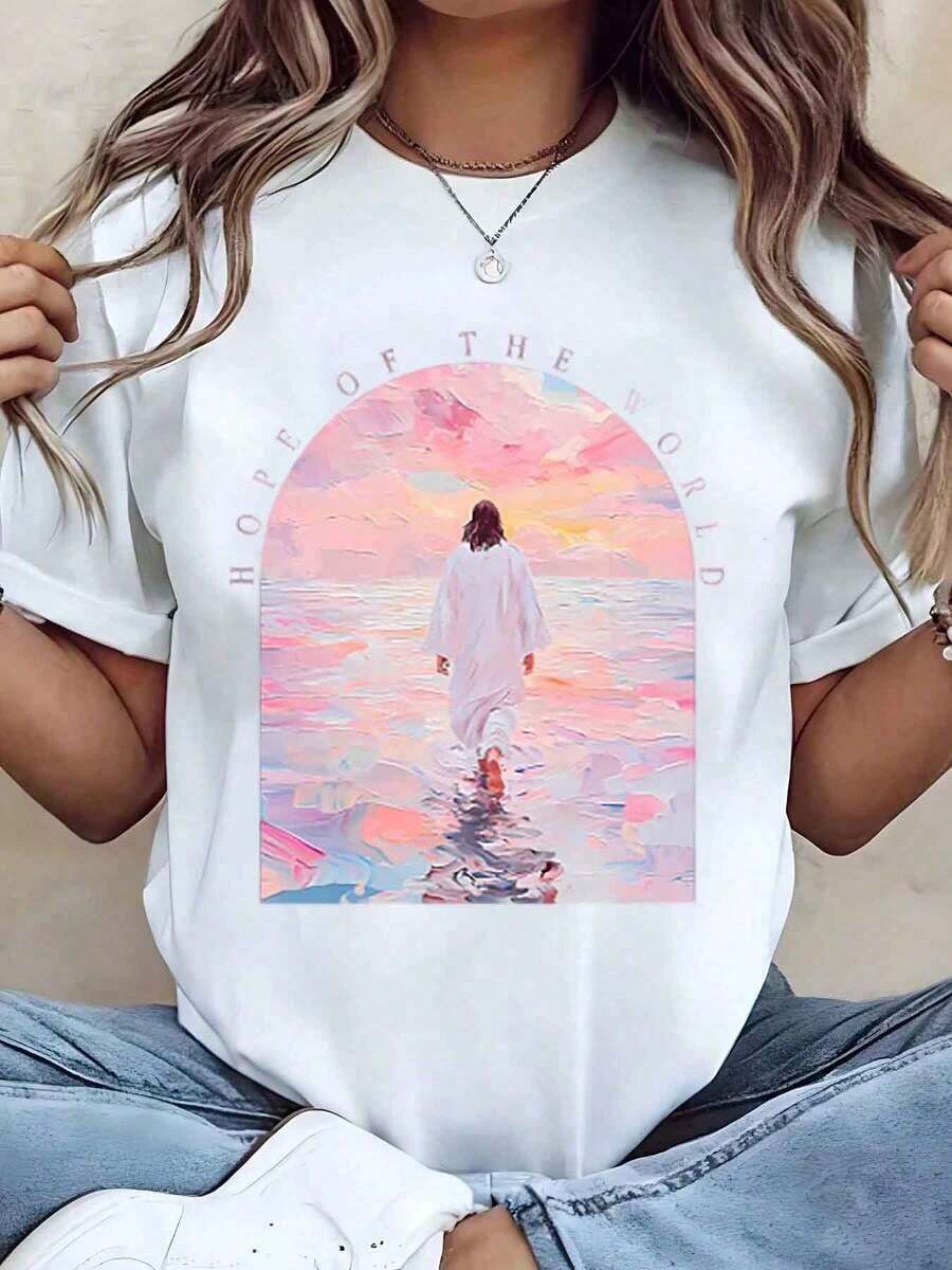 Women's T-Shirt With Jesus Walking On Water Print, Hope Of The World, Round Neck, Casual Loose Fit For Everyday Wear, Gift Idea, 220g, Oversized Blouse - 白色 - 查看 1