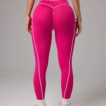 guangzhougaolangshangmao Slayform Leggings de cintura alta con estampado de letras para mujer, de uso casual y fitness - Rosa Fucsia - Ver 3