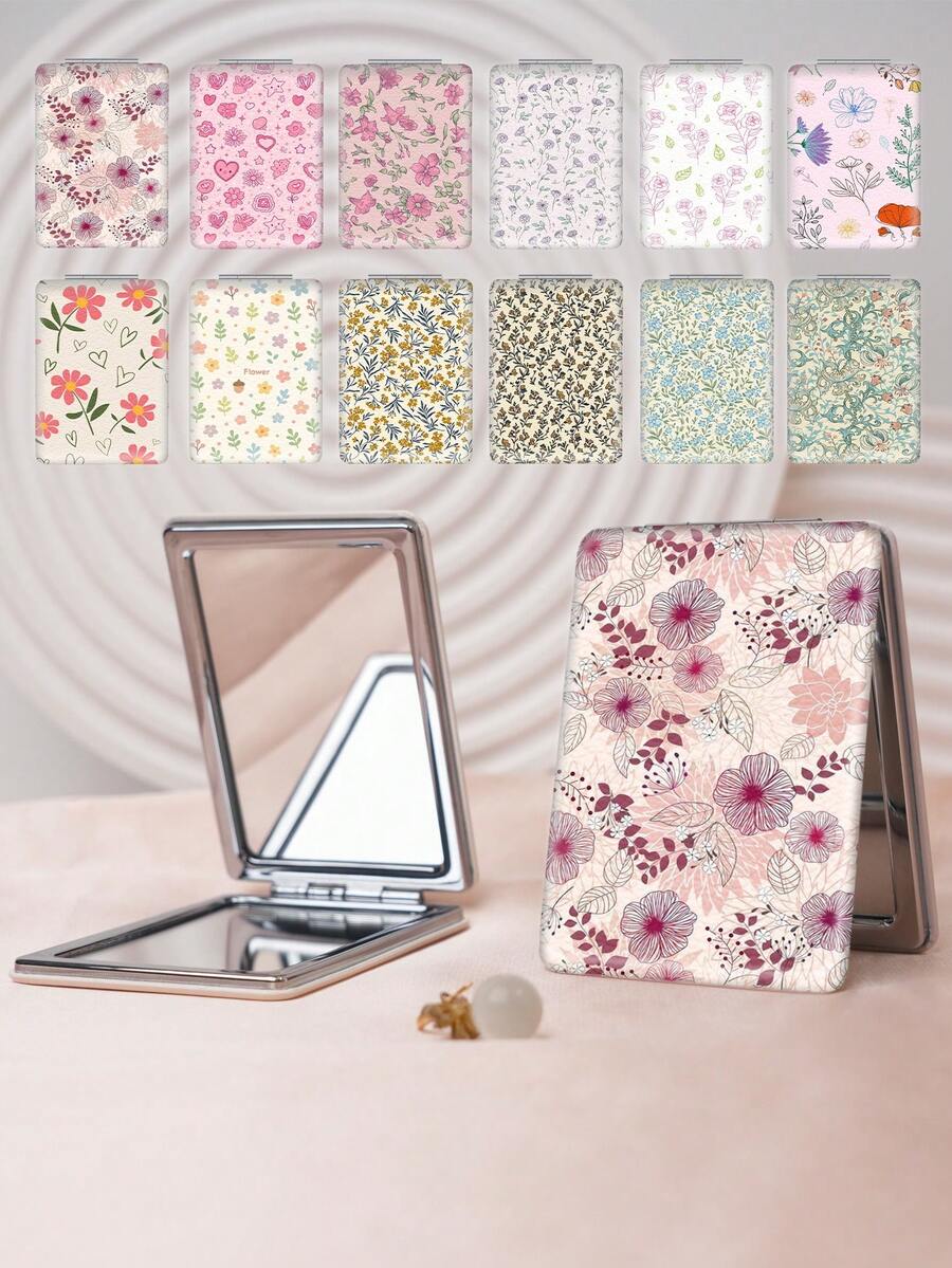 1PC Pastoral British Series Portable Vanity Mirror, Foldable Lightweight Ultra-Thin Convenient Hand Mirror, Durable PU Leather, Suitable For Multiple Scenes And All People, Rectangular Small Mirror, Pocket Mirror, Fresh Style With Unique Floral And Heart Pattern Design, Exquisite And Delicate Structure, Reliable And Shockproof, Easy To Carry, Handheld Makeup Mirror, 180° Flip Cover, Multifunctional - Multicolor - View 1