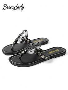 Breezelady Women's Black Faux Leather Geometric Cutout Thong Sandals – Crafted With Smooth Faux Leather And A Bold Geometric Cutout Design, These Flat Thong Sandals Feature Metallic Rivet Accents For A Polished Look. The Cushioned Footbed Ensures All-Day Comfort, While The Open-Toe Design Keeps Feet Cool. Ideal For Beach Trips, Casual Errands, Or Summer Outings, They Pair Effortlessly With Jeans, Shorts, Or Flowy Dresses For A Sleek, Edgy Vibe. - màu đen - Xem 2