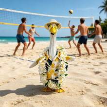 Porch Goose Summer Outfit Creative Goose Statue Hawaiian Leaf Print Shirt With Hat, Sunglasses, Leis For Outdoor Garden Yard - Yellow - View 5