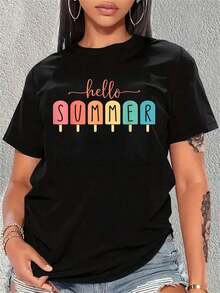 Comfortable All Day Long. The "Hello Summer Vacation Popsicle Lolly" T-Shirt For Women And Girls Features A Relaxed, Comfortable Fit That Flatters All Body Shapes, While The High-Quality Material Feels Soft Against The Skin And Offers Durability. - 黑色 - 查看 9