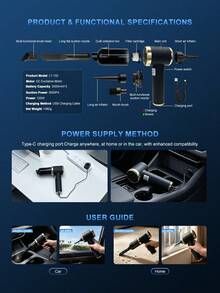 Handheld Car Vacuum Cleaner, Suction And Blower Integrated Wireless Mini Vacuum Cleaner, USB Charging, Multiple Nozzles, Efficient Home And Car Cleaning, Suitable For Cars, Homes, Offices, Cleaning Pet Hair - Black - View 9