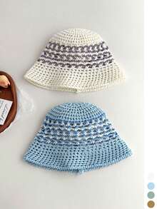 1 pièce Chapeau seau en tricot jacquard pour femmes, chapeau de bassin à large bord respirant et polyvalent pour l'été, chapeau seau à large bord respirant et polyvalent pour la protection solaire au printemps, chapeau seau à large bord respirant et polyvalent pour la protection solaire en été - multicolore - Voir 7