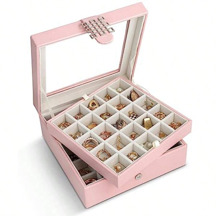 Glenor Co Organizador de pendientes - Caja/estuche/soporte clásico de 50 compartimientos para pendientes, anillos, collares, joyería, brazaletes o colecciones - 2 capas con pequeños compartimentos y - parte superior de vidrio rosa suave - Ver 1