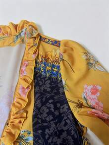 Blusa con estampado floral, bloque de color, cremallera media y mangas con volantes para mujer, ideal para vacaciones - Amarillo - Ver 5