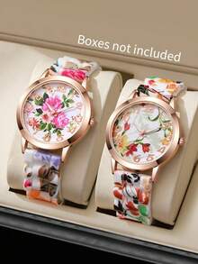2pcs/Set Women's Silicone Strap Fashion Casual Floral Printed Dial Quartz Wristwatches, Classic Style (Watch Box Not Included) - Multicolor - View 8