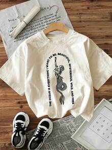 % Cotton [Nature Orientation] T-Shirt With 'Be Beautiful' Letter Print And Island Summer Fantasy Mermaid Tattoo Design, Casual Loose Round Neck Top For Women, Suitable For All Seasons, Can Be Worn As A Base Layer In Spring And Autumn Or By Itself In Summer, Unisex Style,  Thick Cotton Cityboy Style Top. - 杏色 - 查看 1