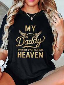 Oversized Short-Sleeve T-Shirt With "My Dad Watching Over Me" Print - Graphic Crew Neck T-Shirt With Gold Angel Wings And Halo, Made From Soft, Breathable Fabric - A Meaningful Gift For A Daughter, Son, Friend, Or Family Member In Remembrance Of A Beloved Father. 100% Cotton - 黑色 - 查看 7