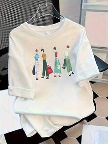 Camiseta de mujer, camiseta casual con estampado de dibujos animados, top holgado de manga corta y cuello redondo, camiseta de longitud regular para todas las estaciones, ligeramente elástica, camiseta linda para mujer. - Blanco - Ver 8
